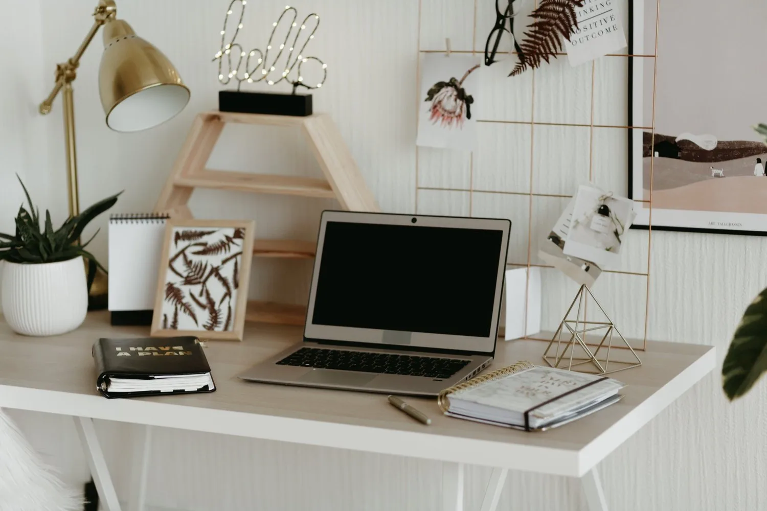 Tidy desk with a laptop, lamp, and plant in a bright room